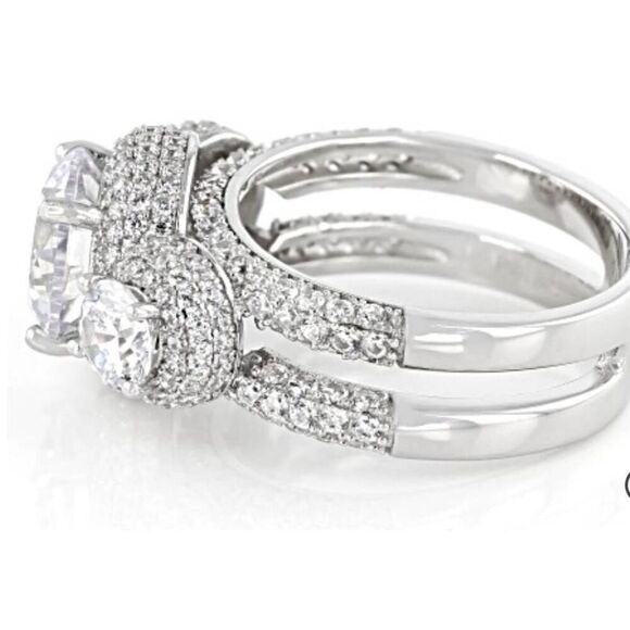 Gorgeous 9.4 Ct. Genuine Diamond Simulant Three Stone Halo Pave Wedding Ring #8 - Picture 9 of 10